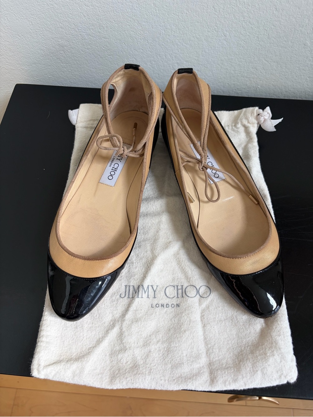 Jimmy Choo Black Patent Toe and Beige Leather Ballet Flats with Ankle Tie